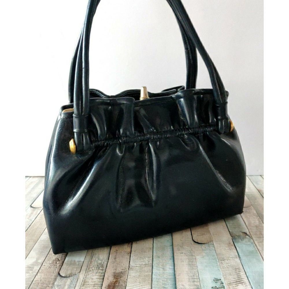 ROOMY VINTAGE NAVY BLUE SOFT VINYL FRAMED POCKETBOOK BAG HANDBAG PURSE - Picture 7 of 12